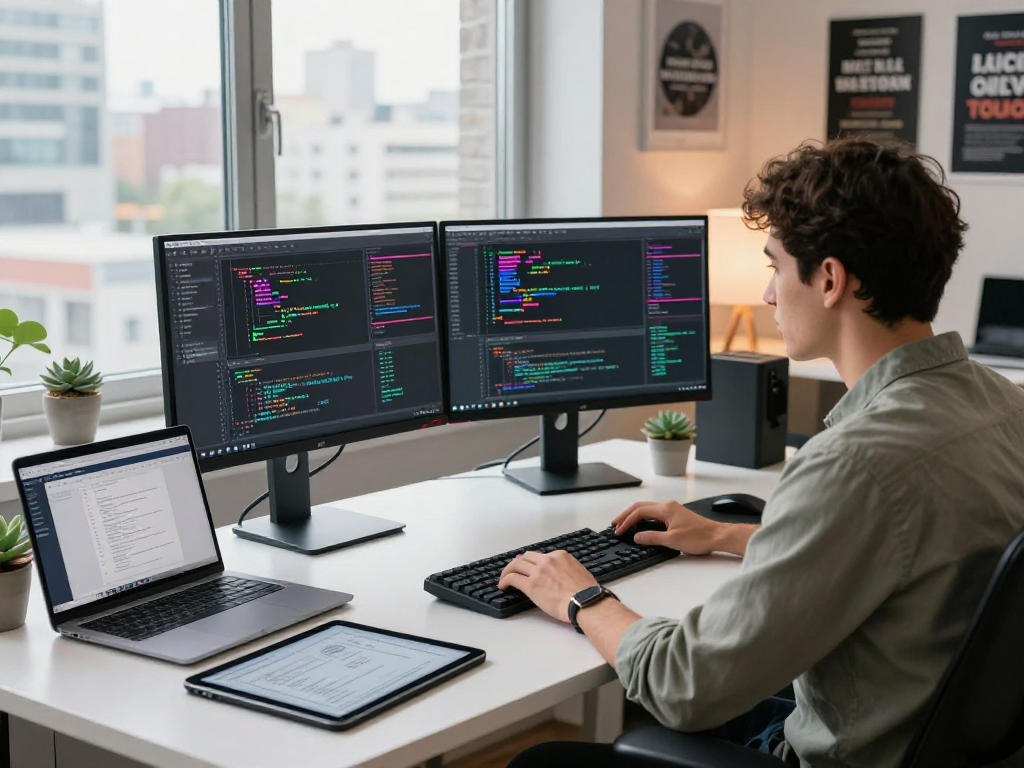 Developer coding at a modern workspace with dual monitors showcasing net88 project dashboards and algorithms.