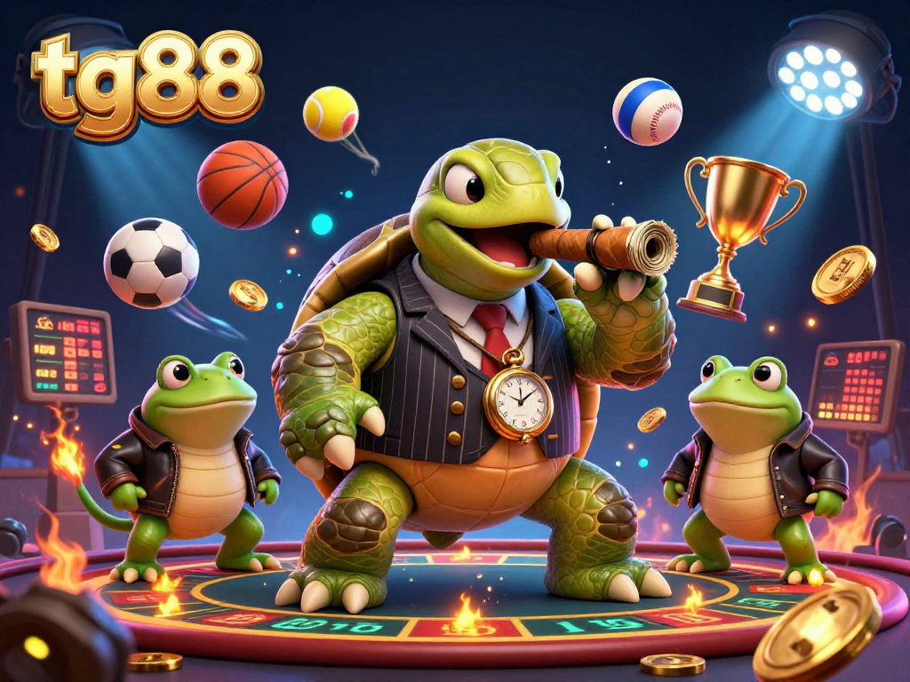 Tg88 showcases an extravagant casino scene with a giant turtle and bullfrog guards celebrating sports betting excitement.