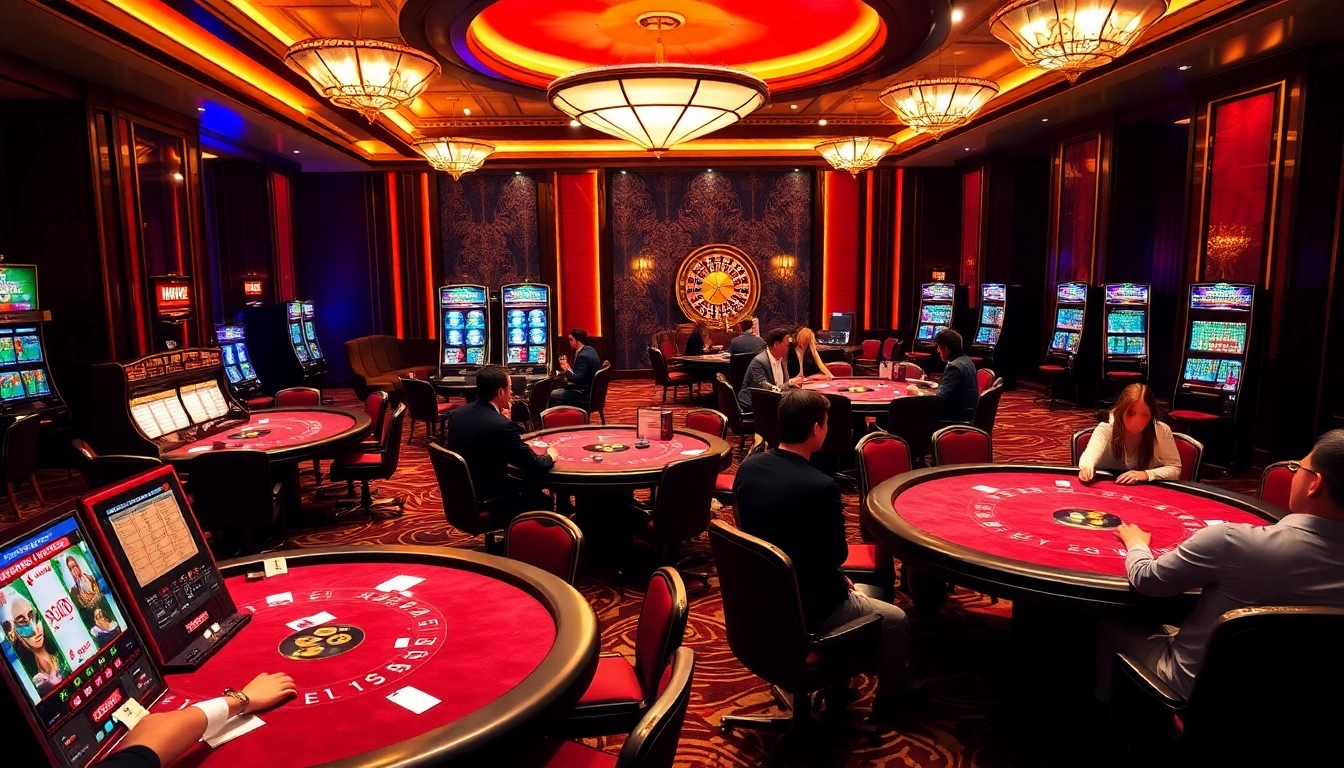 Engaging scene of MM88 casino gaming with players at poker and blackjack tables, showcasing luxury.