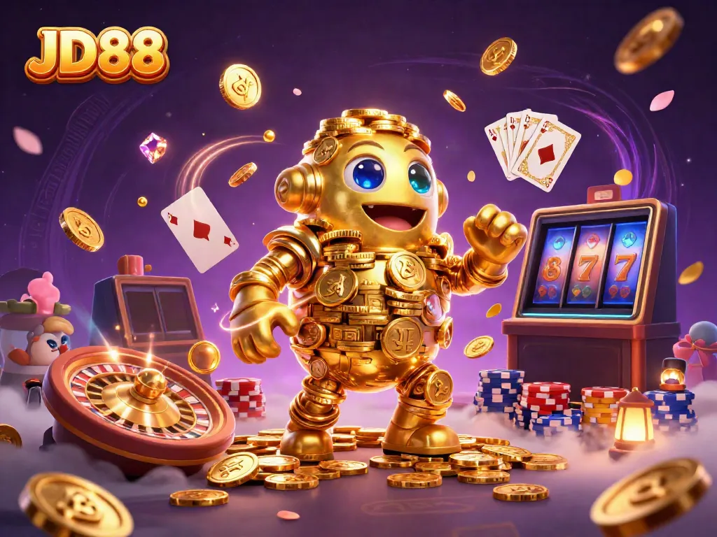 Experience thrilling gameplay at JD88 with a dynamic casino scene of a golden golem surrounded by cascading coins and roulette wheels.