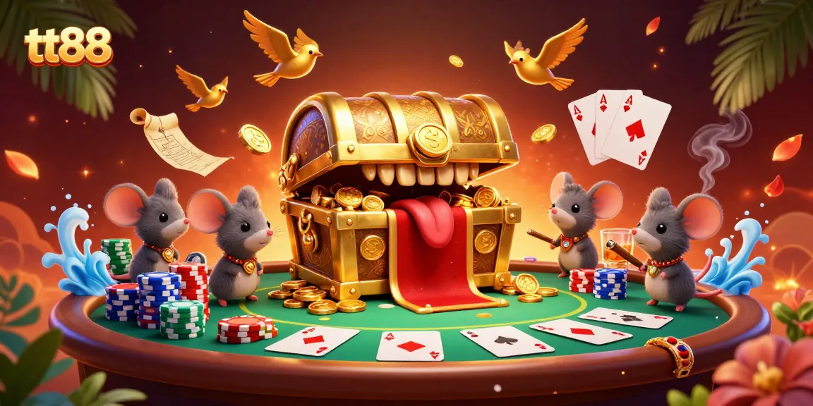 Engage in thrilling games at tt88, featuring a golden treasure chest, poker elements, and vibrant casino atmosphere.