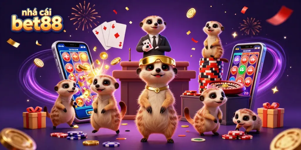 Experience the excitement of nhà cái bet88 with a vibrant casino scene featuring playful meerkats.