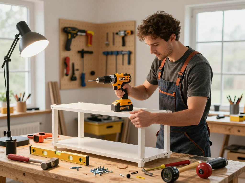 Dewalt fast charger in use while assembling a shelf in a home workshop.