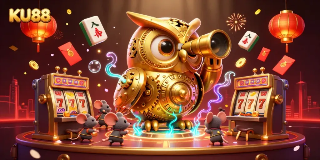 Experience the thrill of KU88 with vibrant slot machines and golden elements in a dynamic casino scene.