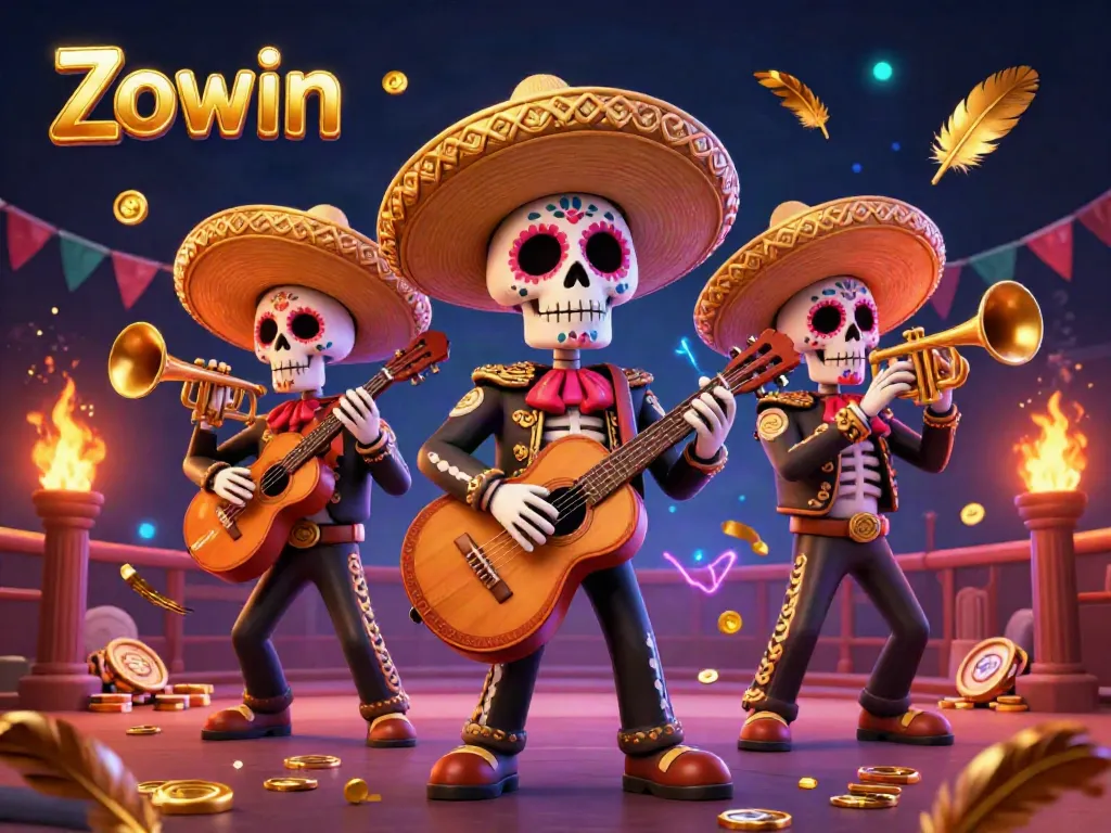 Zowin showcases an exhilarating casino scene with colorful mariachis playing amidst vibrant gold coins and feathers.