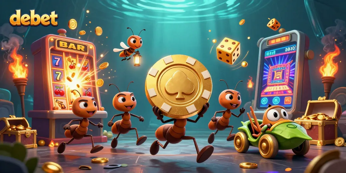 Experience debet casino action with ants stealing a giant chip in a colorful slot heist scene.