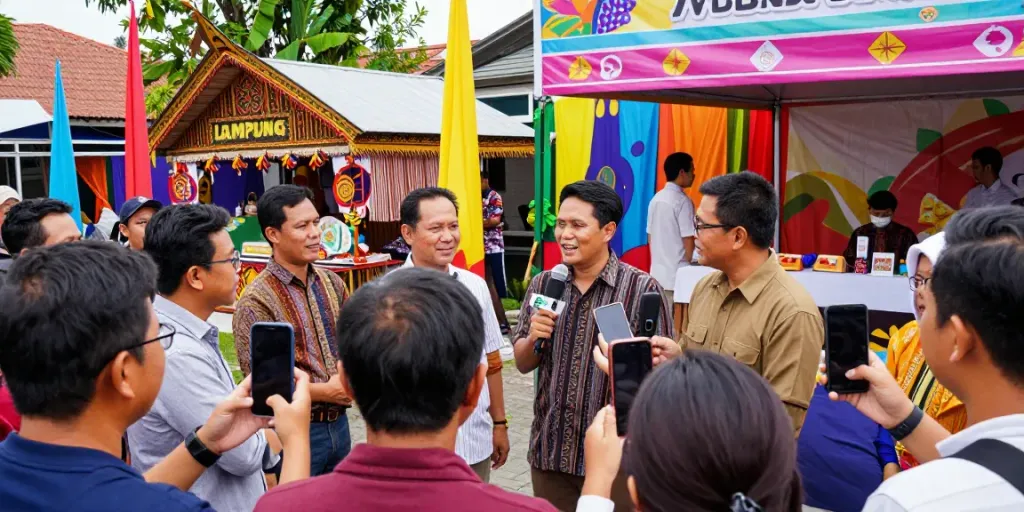 Journalists interviewing community leaders at a vibrant Lampung festival, lornematthews.com.