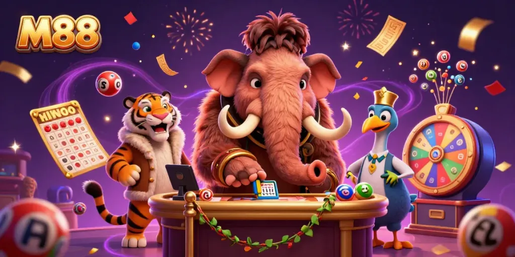 M88 casino animation featuring vibrant elements like bouncing lottery balls and a furry VIP guest checking in at the entrance.