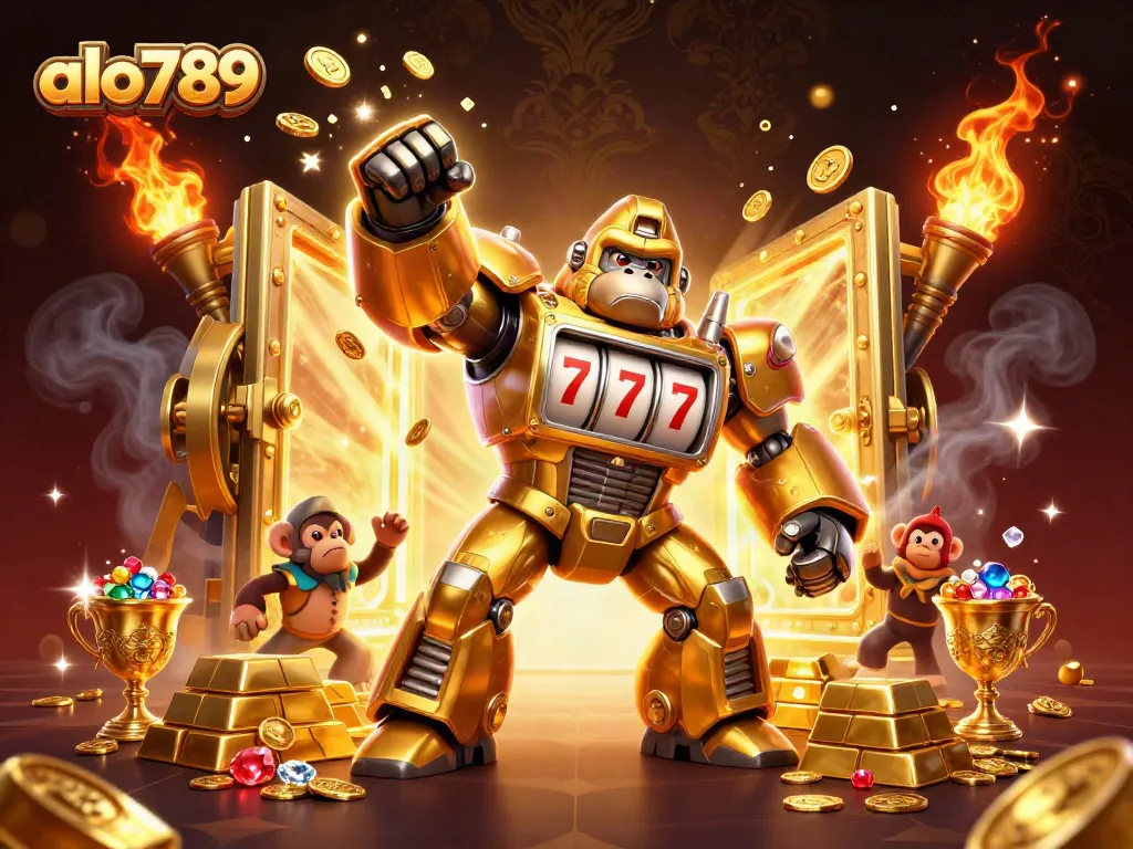 Experience the excitement of playing at alo789 with a vibrant and dynamic casino-themed illustration showcasing a golden gorilla mech and treasure elements.