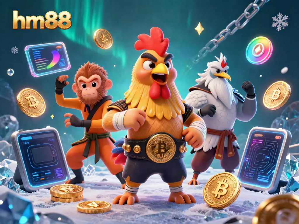 hm88 showcases vibrant 3D casino action featuring a Muay Thai rooster, monkey martial artist, and crane master amidst cryptocurrencies.