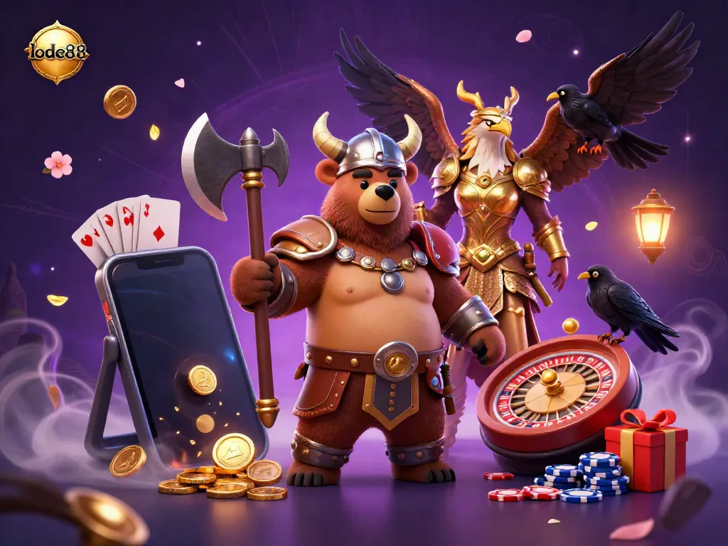 Engage with Lode88's casino experience through an action-packed scene featuring a Viking bear, Valkyrie eagle, and dynamic gaming elements.