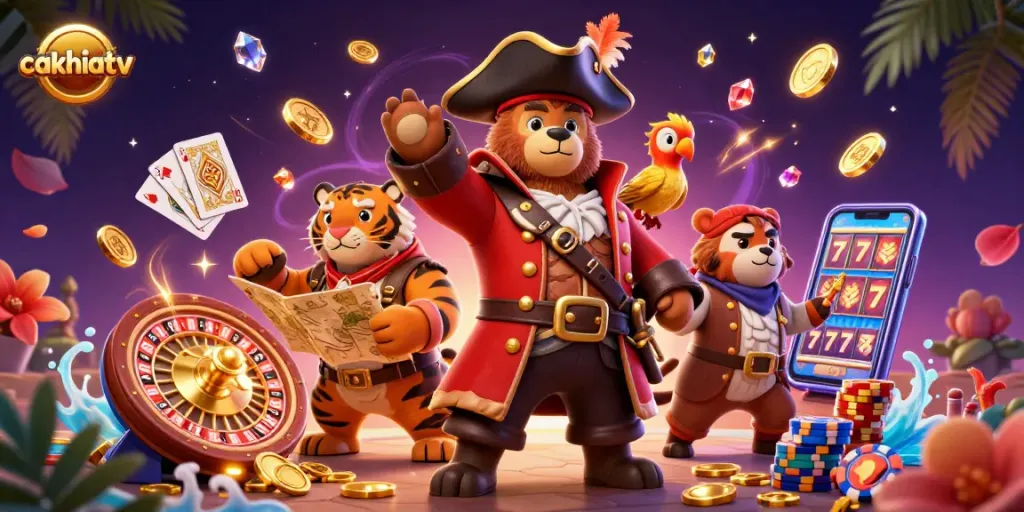 Cakhiatv pirates spin to win in a vibrant casino scene featuring golden coins and cards.