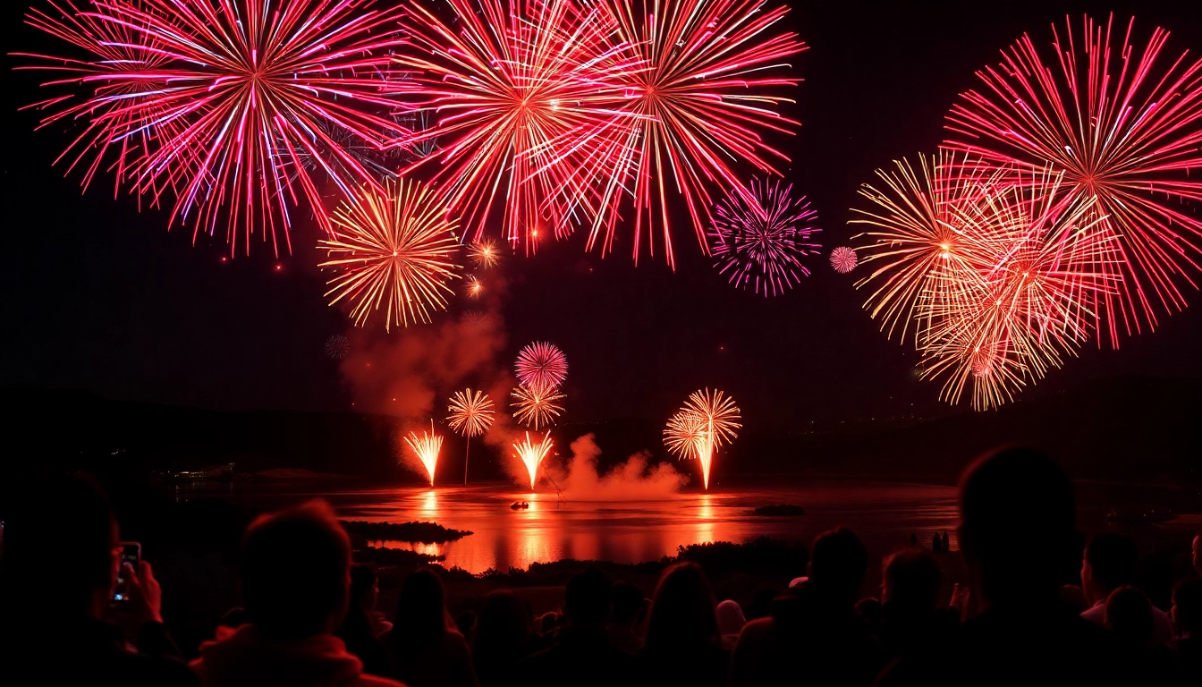 Witness a spectacular fireworks uk display lighting up the night sky over a beautiful landscape.