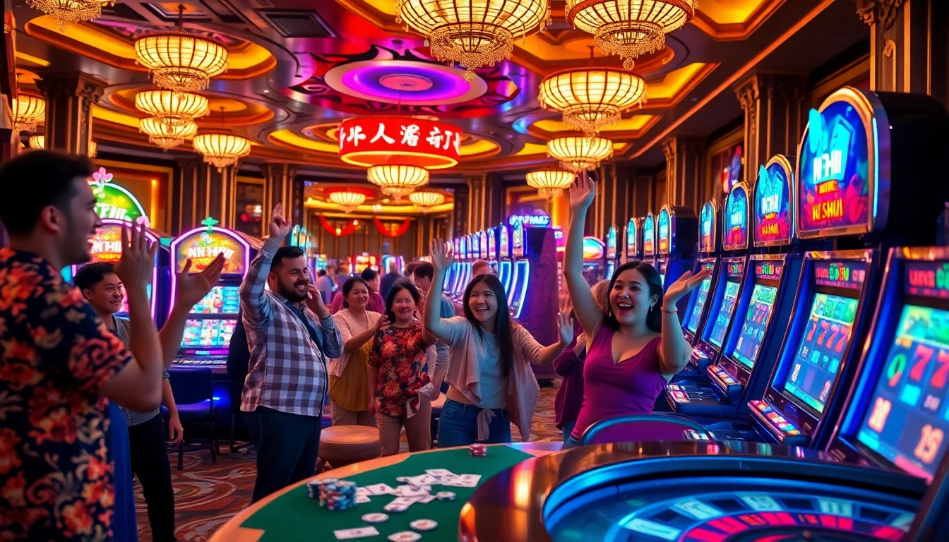 Nổ Hũ slot machines immerse players in an exciting casino environment with colorful lights.