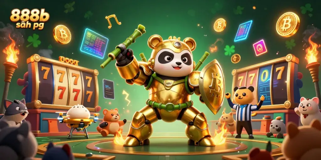 Experience thrilling action in 888b sảnh pg with a dynamic mech-suit panda battling in a vibrant casino arena.
