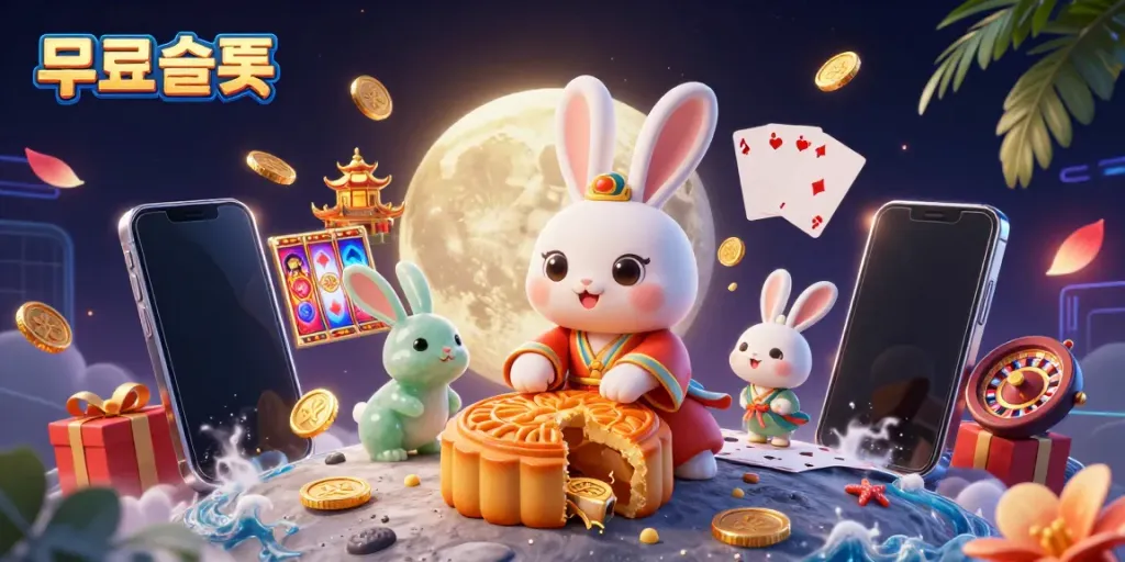 Engage in 무료슬롯 fun with a mystical moon rabbit and jade companion in a vibrant casino-inspired scene.