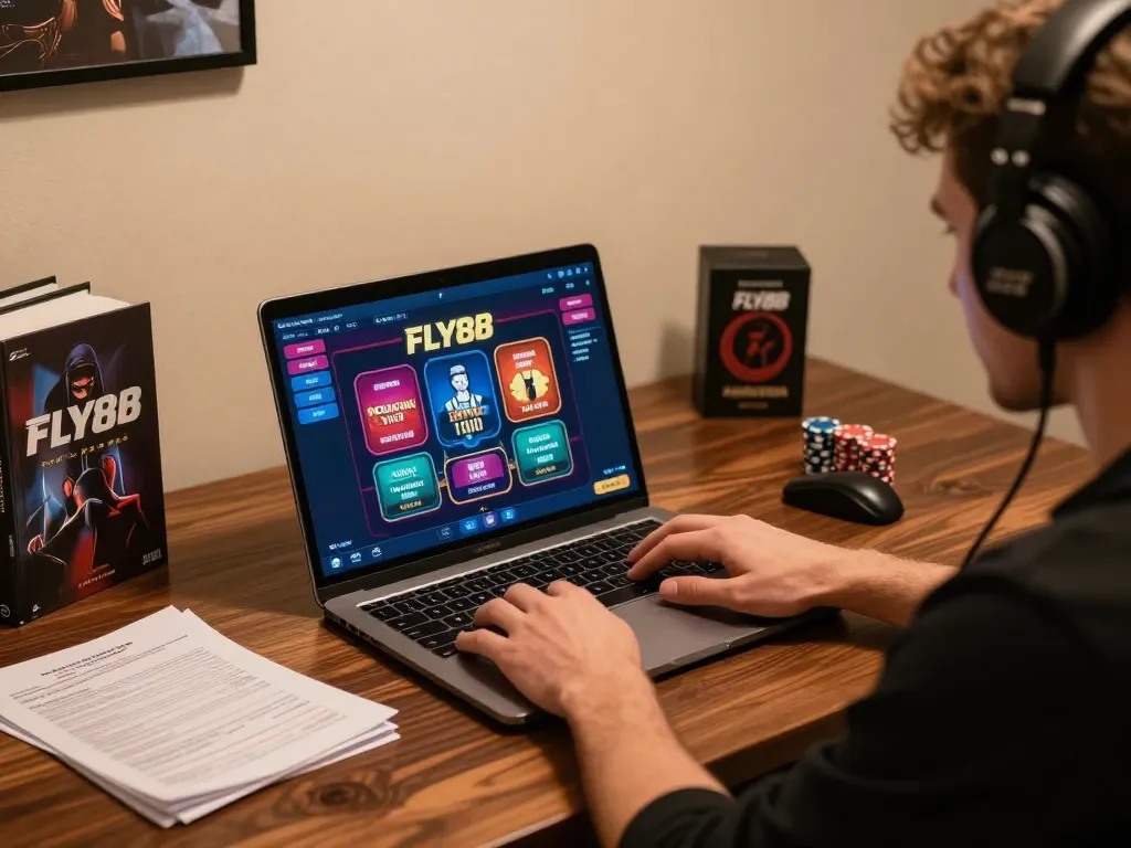 FLY88 player strategizing during an online casino game session with engaging visuals