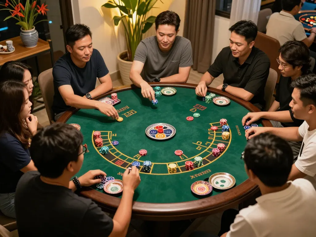Players engaging in an exciting xóc đĩa game at a friendly home gathering.