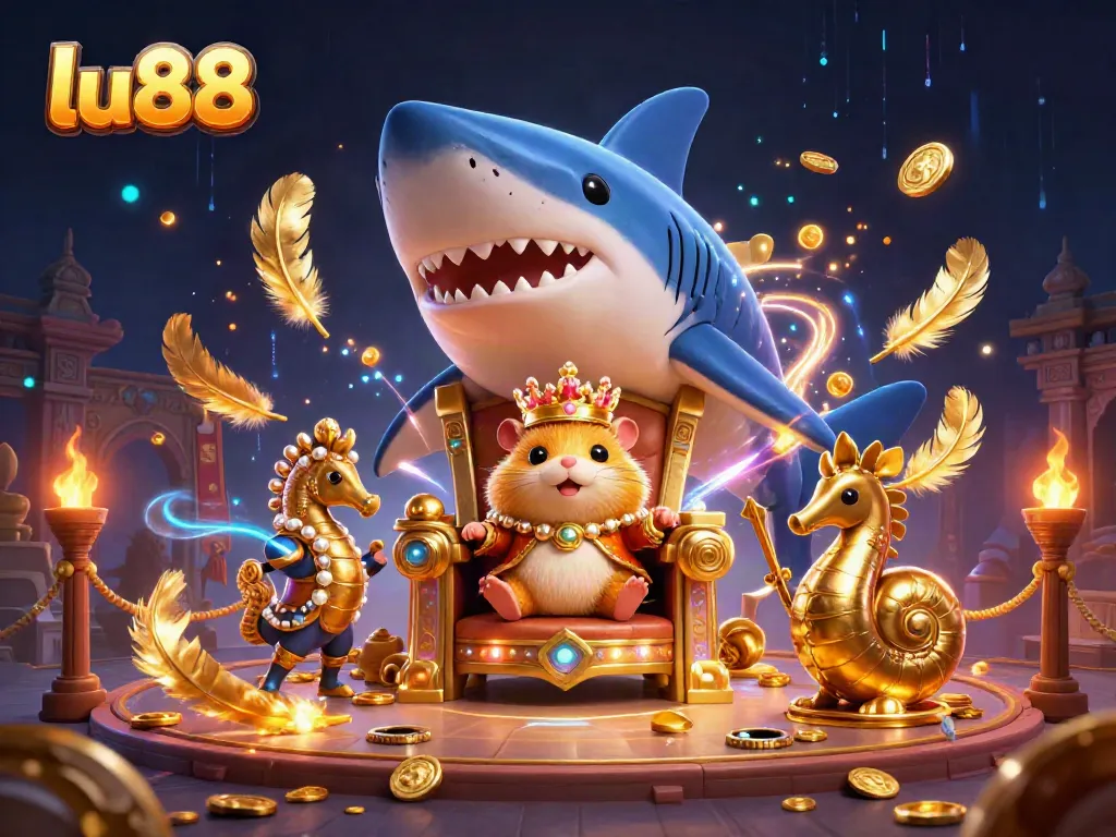 Engage with lu88's vibrant gambling world featuring a fierce hamster king surrounded by casino elements.