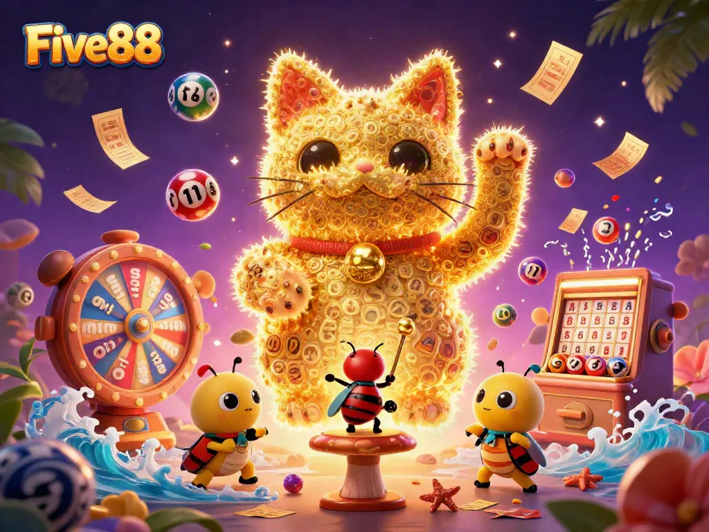 Experience the thrill of gaming at Five88 with dynamic lottery and casino elements in a vibrant scene.