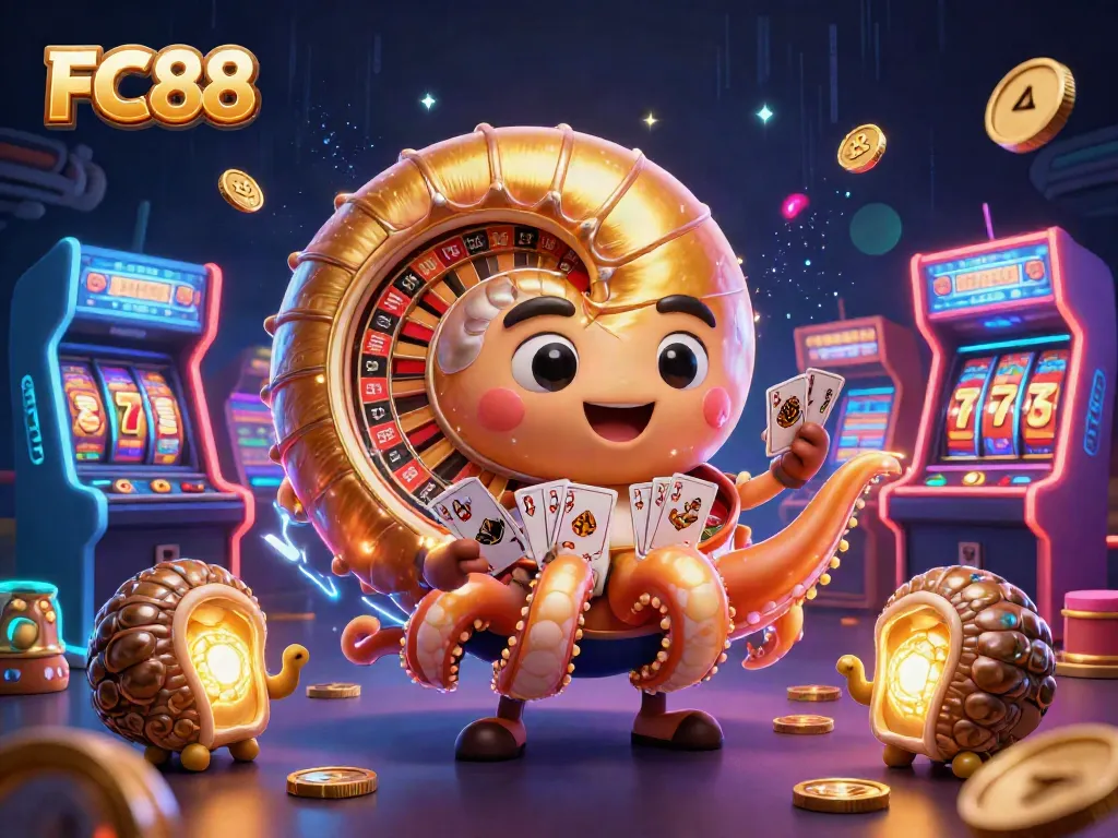 FC88 engages players with a vibrant casino experience featuring a giant nautilus roulette wheel and glowing game elements.