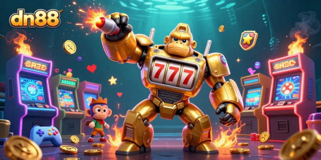 Engaging dn88-themed 3D casino illustration showcasing a golden gorilla mech and vibrant game elements.
