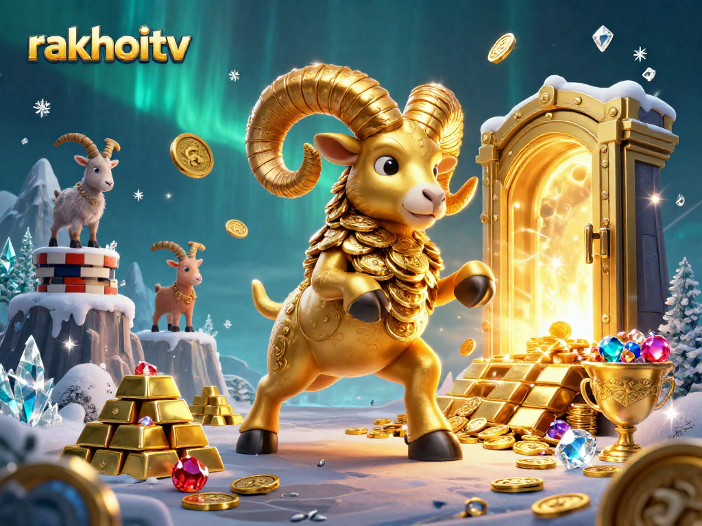 Experience rakhoitv's thrilling action with 3D golden ram charging through vibrant gambling elements.
