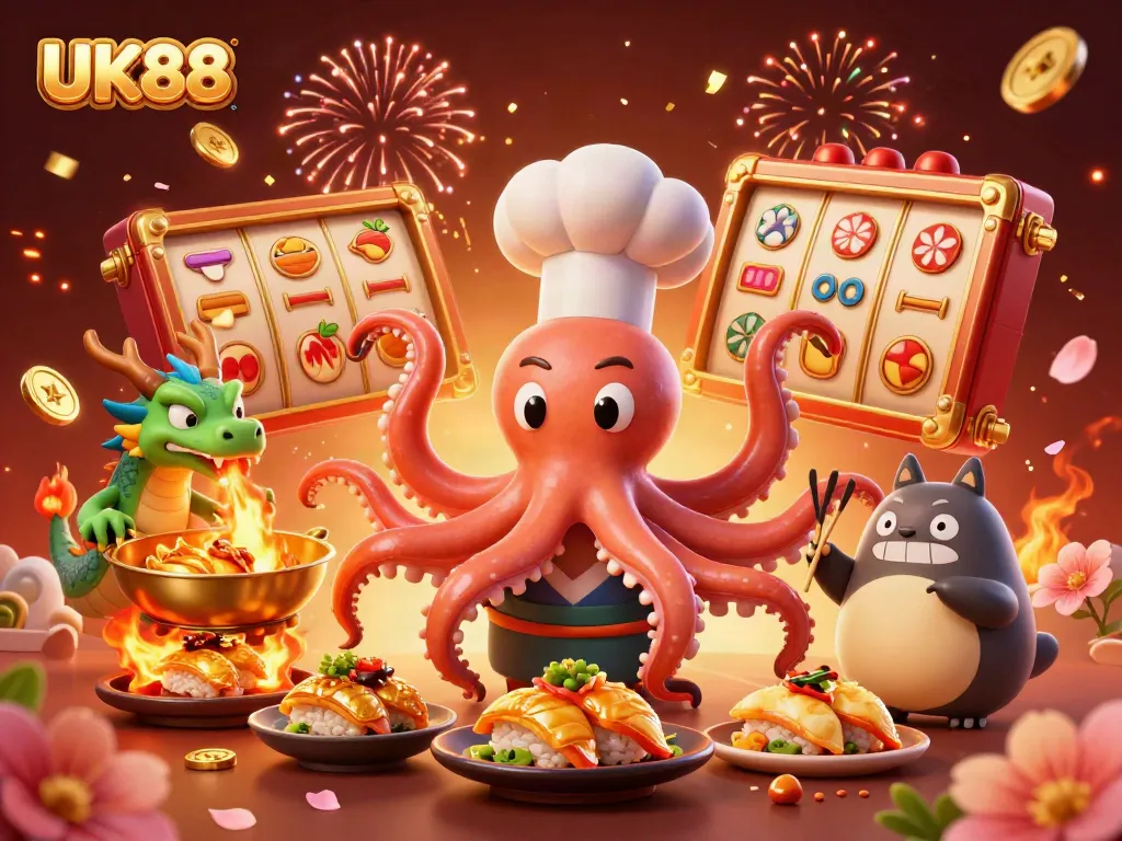 Experience gaming excitement at UK88 with a vibrant 3D scene showcasing lively slot machines and festive characters.