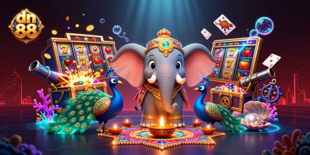 Engage with the vibrant dn 88 casino scene featuring colorful slot reels and dynamic characters.