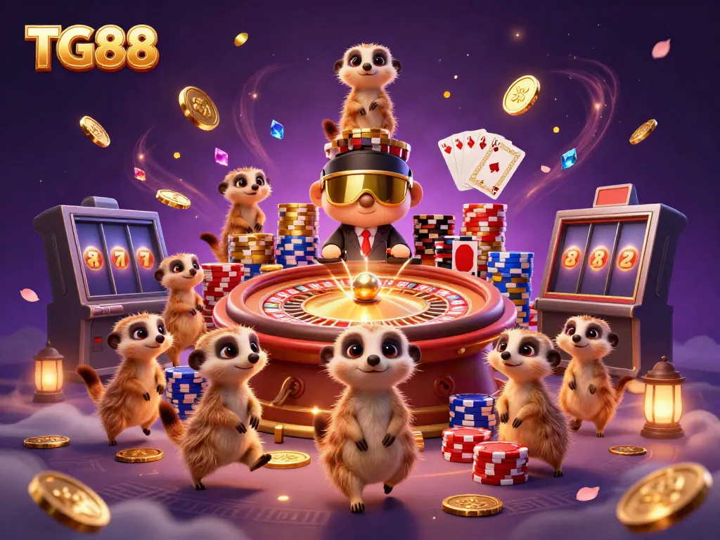 Experience the excitement of TG88 casino with meerkats in a lively gaming scene full of treasures.