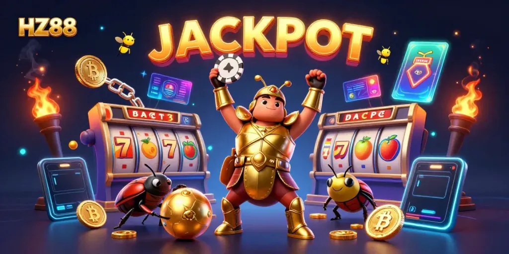 Experience HZ88's thrilling jackpot scene with vibrant 3D characters and exciting gaming elements.