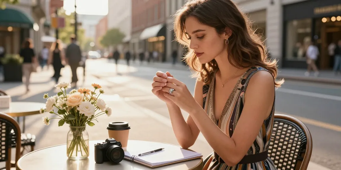 Stylish woman admiring wedding rings for women at outdoor café, vibrant urban setting.