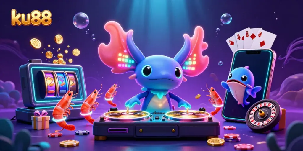 Spin to win! Join ku88's vibrant casino experience with neon DJ and underwater excitement.