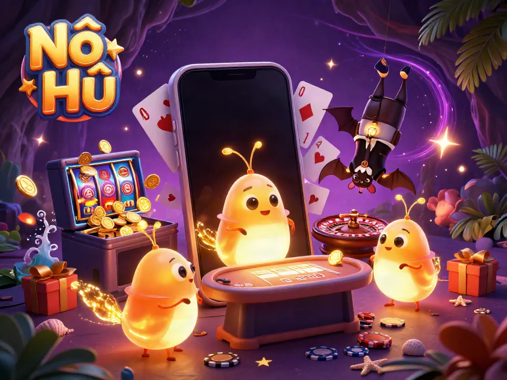 Engage in Nổ Hũ action as glowworms light up an animated casino surrounded by vibrant gaming elements.