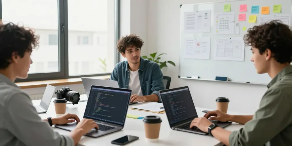 Hire freelancers in a vibrant workspace, showcasing collaboration and innovation among diverse talents.