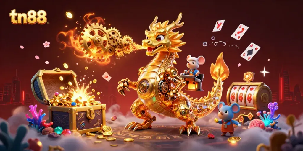 Engage with tn88's thrilling online casino scene featuring a golden dragon and vibrant game elements.