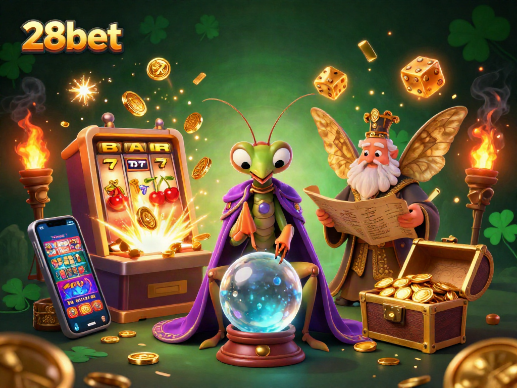 Play and win with 28bet in this vibrant, dynamic casino scene illustrating fortune and gaming.