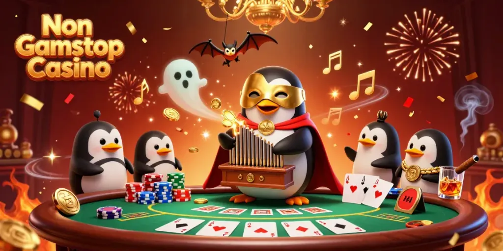Experience fun at Non Gamstop Casino with an animated penguin playing an organ amidst gold and poker elements.