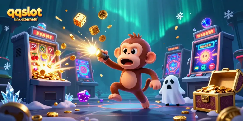 Engaging scene of qqslot link alternatif showcasing a playful poltergeist monkey juggling gold in a vibrant casino environment.
