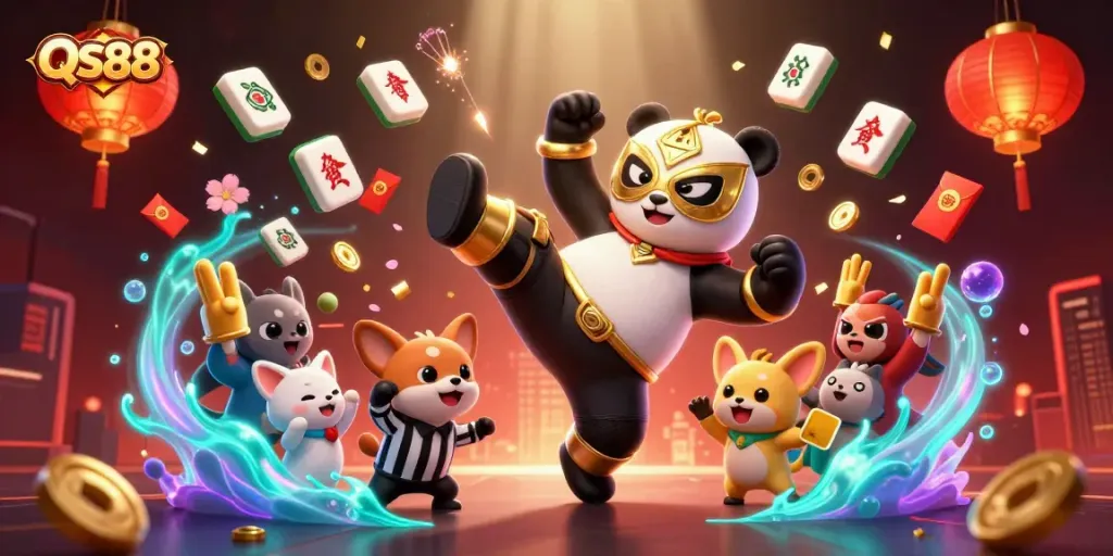 QS88 engages players with a vibrant scene featuring a dynamic wrestling panda and animated casino elements.