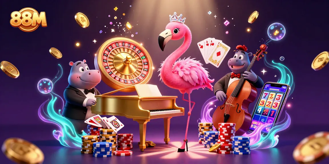Experience the thrill of winning at 88M with vibrant casino characters, gold coins, and a dynamic scene.
