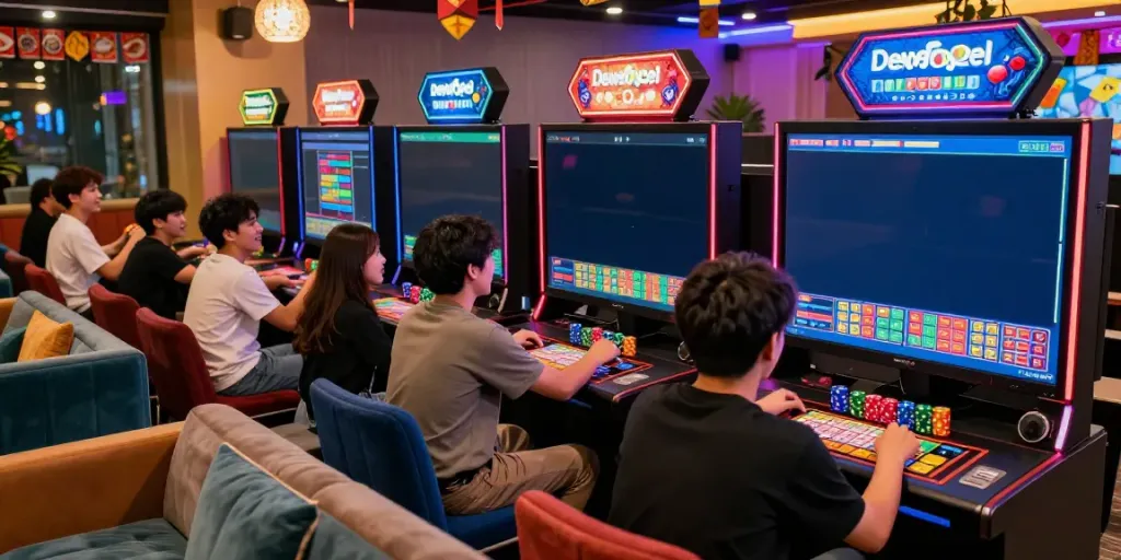 Dewatogel players enjoying excitement in a lively gaming lounge.