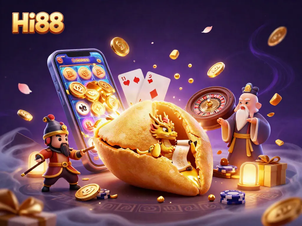 Win big with Hi88's vibrant casino scene featuring dynamic slot games and mystical elements.