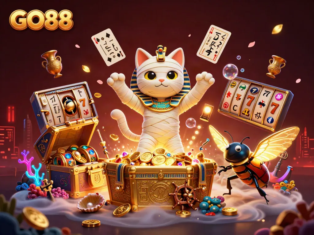 Experience thrilling gameplay with GO88's Egyptian mummy cat bursting from gold in an interactive casino scene.