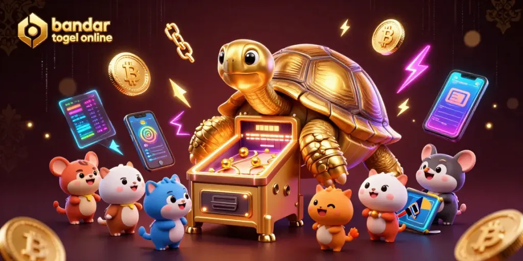 Engage with bandar togel online in this vibrant 3D illustration of a golden tortoise casino game.