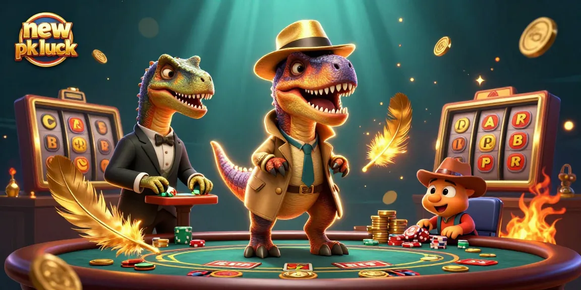 Win at new pk luck with a velociraptor card counter and stegosaurus pit boss at a vibrant casino scene.