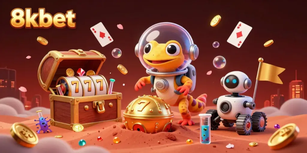 Join the Martian gecko and explore the vibrant casino treasures of 8xbet in a cosmic scene.