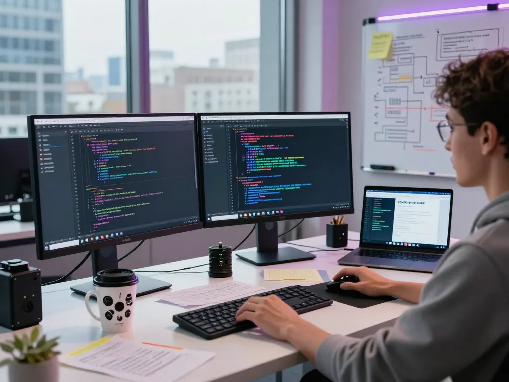 Developer utilizing OpenClaw in a dynamic software workspace with multiple monitors and coding elements.