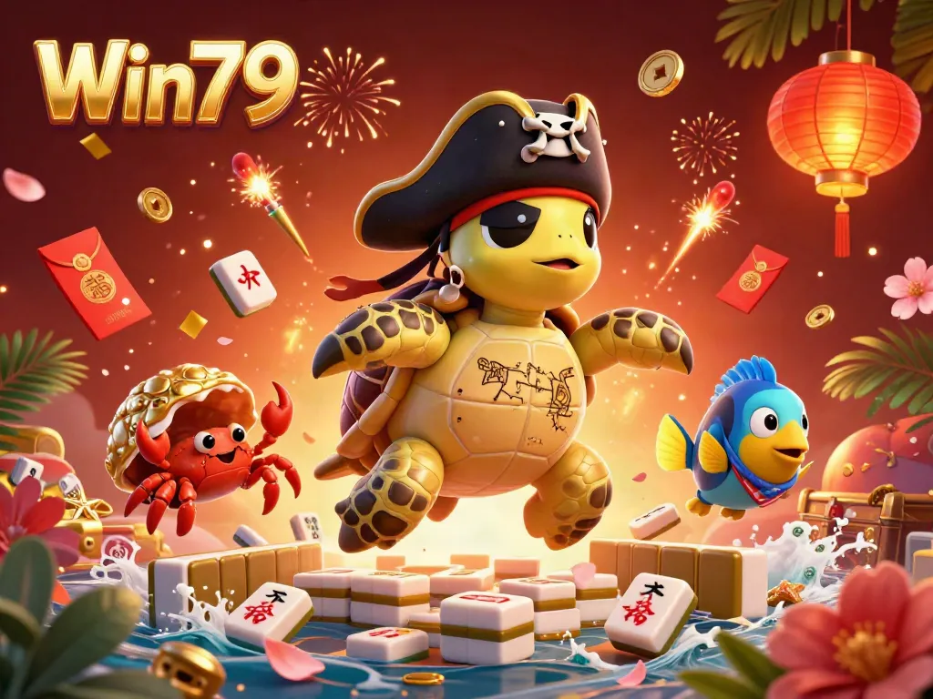 Engage with Win79's thrilling 3D casino adventure featuring a pirate turtle, crab, and parrotfish amid vibrant gaming icons.