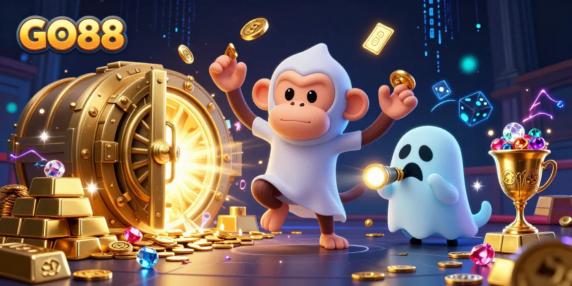 Engage with GO88's whimsical casino adventure featuring a mischievous monkey and a curious puppy.